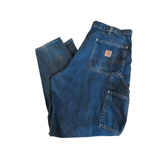 Vintage Carhartt Dungaree Fit Medium Wash Denim Work Carpenter Pants Sz 38x30 - Picture 1 of 10
